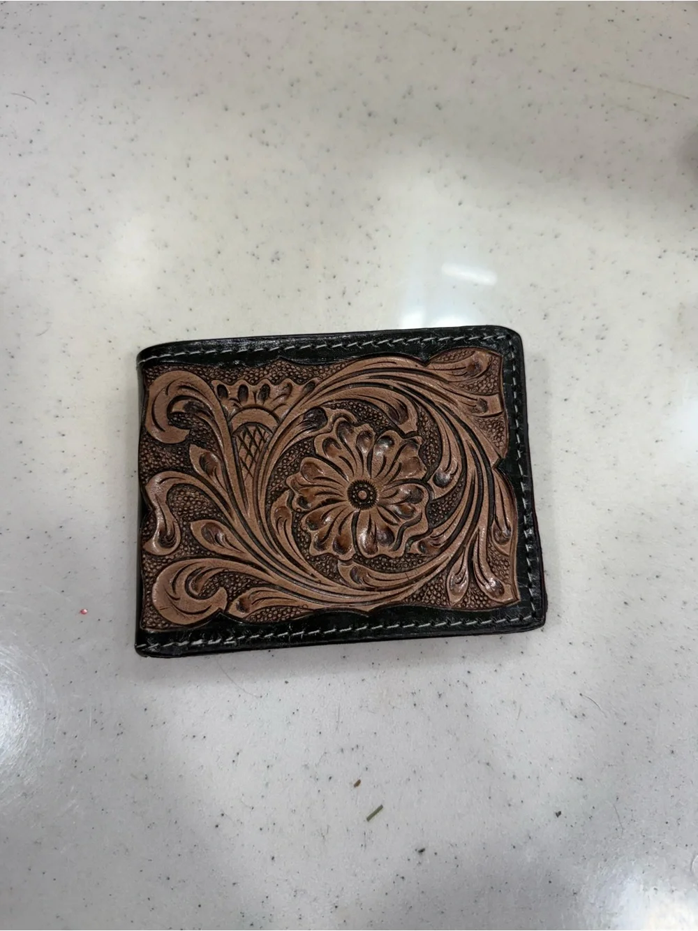 Leather Tooled Bifold Wallet in Brown and Black